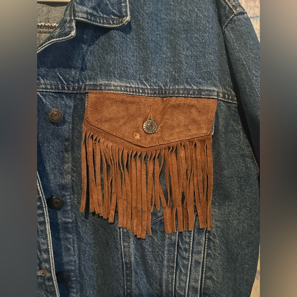 Womens Jean Denim Suede Fringe Western Cowgirl Rodeo Jacket Large Rock n Roll - Picture 8 of 16